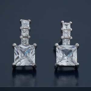 Princess Cut 92.5 <b>Silver</b> <b>Stud</b> <b>Earrings</b> 14K Gold Geometric Pattern Vintage Style Gold Plated-Featuring Sapphire Pearl Main Stone - Product Image 1