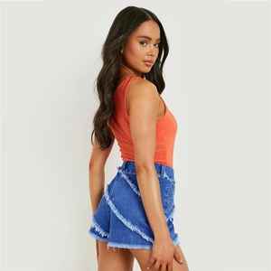 Pantalones cortos de mezclilla de cintura alta para mujer, decoración de encaje, venta al por mayor, pantalones de moda Vintage sin forro con cremallera, borde crudo, recto para verano - Product Image 3