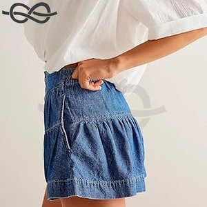 Short en jean mignon à ourlet à volants pour femmes Short en jean taille haute jambe large bouton plissé Mode d'été évasée fluide - Product Image 4