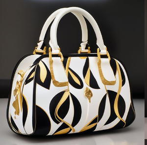 Sac blanc avant-gardiste avec motifs de feuilles noires et dorées. Mode haut de gamme disponible à prix de gros. - Product Image 1