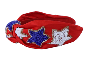 Bandeau brodé à la mode, turban noué rouge et blanc avec des perles et un fil de perles pour la fête de l'Amérique - Product Image 5