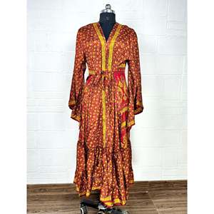 Recycled Vintage Silk Sari <b>Robe</b> Boho Floral Print Dressing Gown <b>Beach</b> Coverup or Bridesmaid Anniversary Gift - Product Image 1
