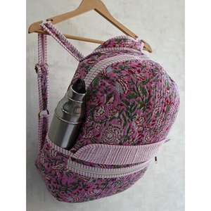 Handmade Indian Block Print Quilted Cotton <b>Mini</b> <b>Backpack</b> Unisex Boho Floral Lightweight Zipper Bag for Camping Daily Use Travel - Product Image 3