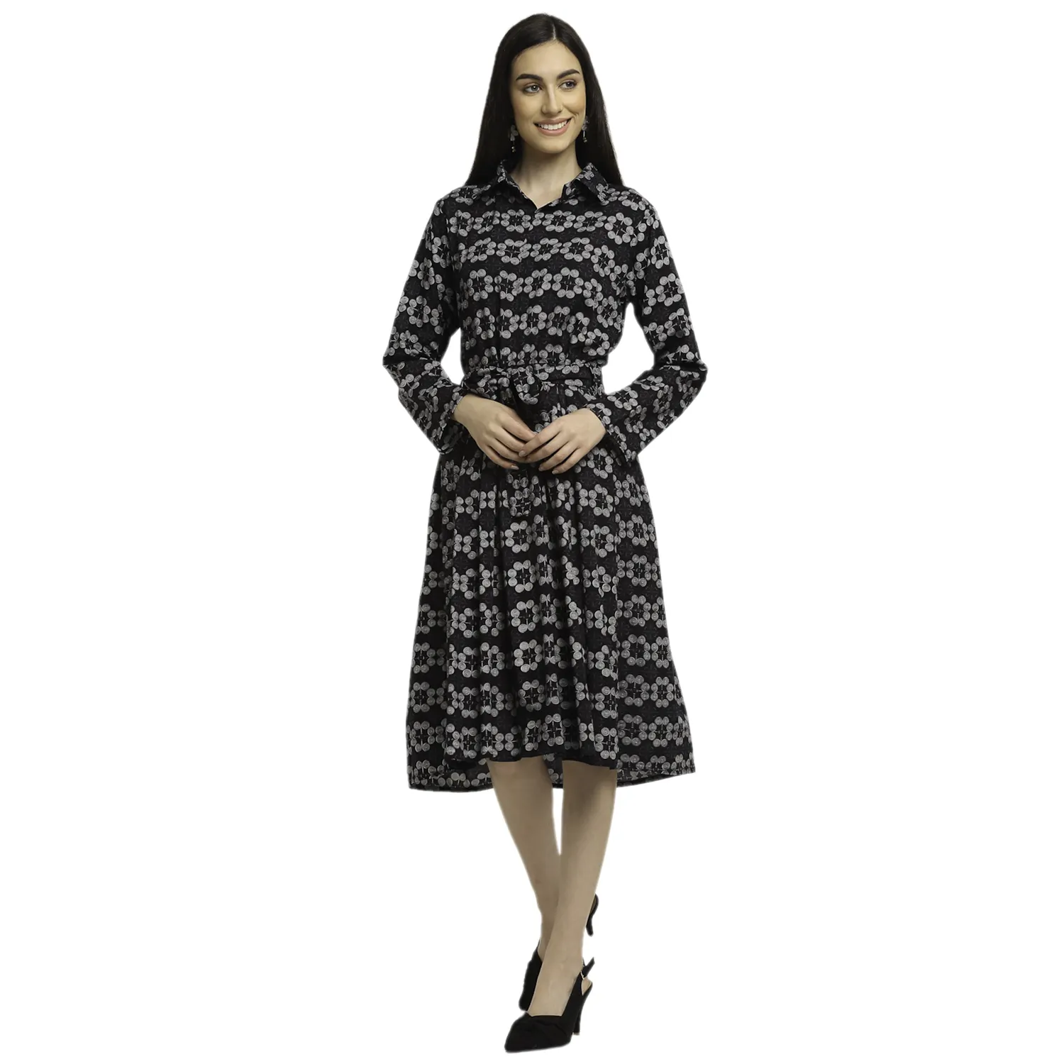 Women's Fit and Flare Rayon Black HC Printed Collar Neck Midi Knee Length A-Line Short Smoked Wrap Dress with Sleeves (AM204)