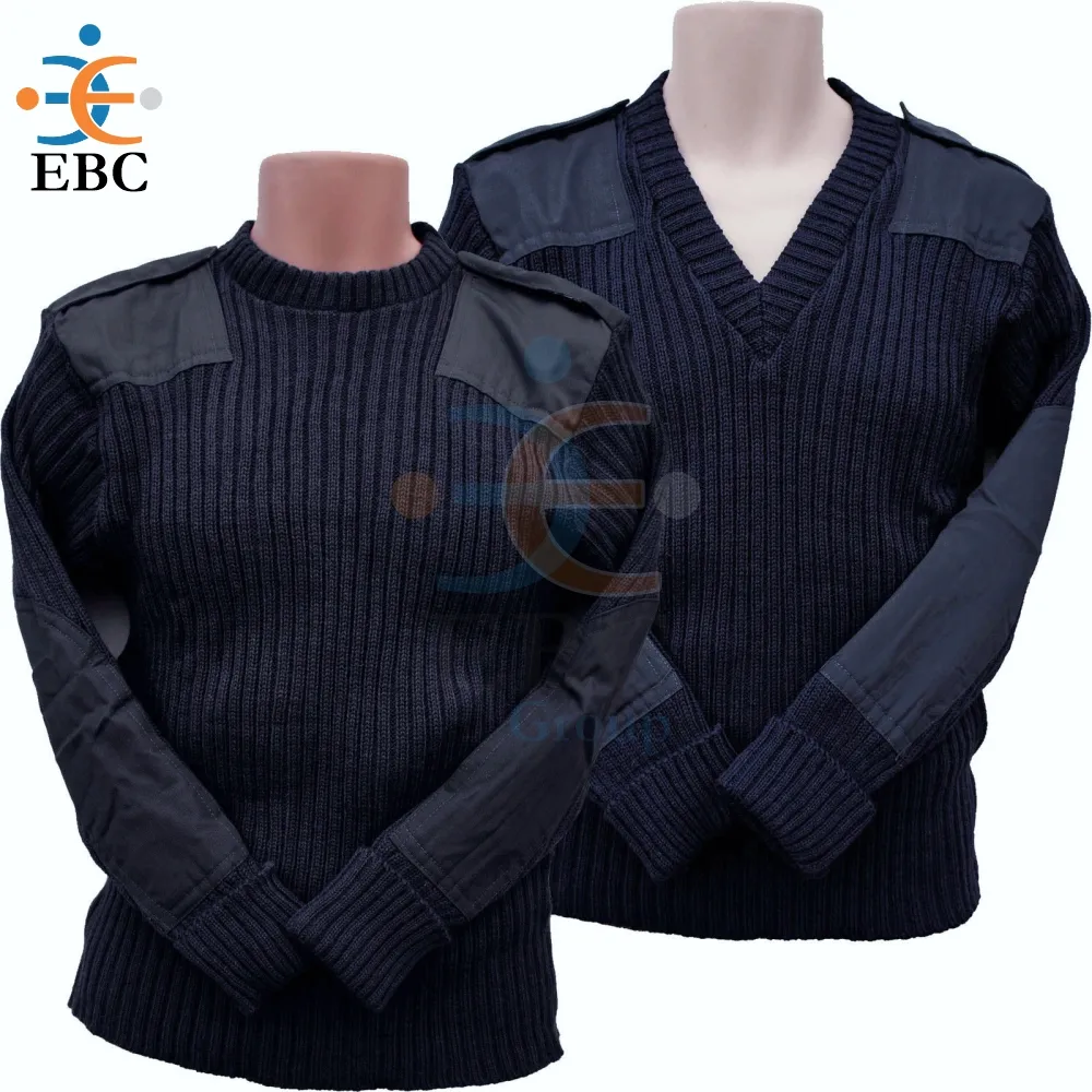 V or O Neck Black Wool Sweater Jersey Cardigans for Security Forces Officers Wool Acrylic Made Machine Knitted with Patches