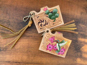 กระเป๋าใส่บัตรหนังแท้ลายดอกไม้มาใหม่พร้อมพู่ห้อยและพวงกุญแจเคสใส่การ์ดขนาดเล็กที่ได้รับแรงบันดาลใจจากตะวันตก - Product Image 5