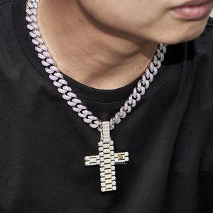 925 <b>Sterling</b> <b>Silver</b> <b>Cross</b> <b>Pendant</b> with round and Baguette Cut VVS Clarity Lab Grown Diamonds Stylish Hip Hop Design for Parties - Product Image 2