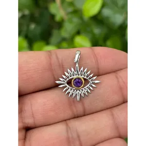 Colgante de Amatista Natural con Ojo Turco, Plata de Ley 925, Joyería Fina Hecha a Mano con Piedras Preciosas, Proveedor Mayorista - Product Image 1