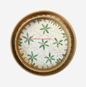 Bandeja para servir de ratán Natural hecha a mano con incrustaciones de concha de nácar, bandeja redonda ecológica para café, té y frutas para decoración del hogar - Product Image 1