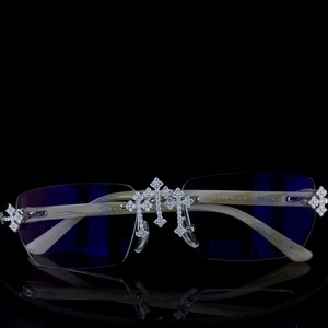 Rimless Silver <b>Blue</b> <b>Tinted</b> <b>Sunglasses</b> with Diamond Cross Embellishments and White Temples Luxury Unisex Anti-UV Outdoor Eyewear - Product Image 1