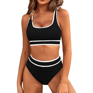 Conjuntos de bikini de cintura alta para mujer Trajes de baño deportivos de dos piezas Color Block Cheeky Trajes de baño de corte alto - Product Image 1