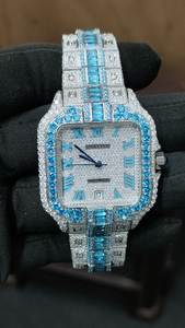 Iced Out Square Luxury Stainless Steel <b>Watch</b> with Blue VVS Moissanite Accents | <b>Quartz</b> Movement Alarm Hip Hop Timepiece - Product Image 2
