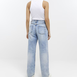 กางเกงยีนส์ขากว้างทรงตรงสำหรับผู้หญิงกางเกงสีฟ้าอ่อนทรงหลวมแฟชั่นสุดหรูออกแบบได้ตามต้องการ - Product Image 5