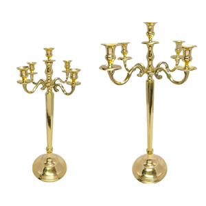Candelabro de aluminio y metal dorado de cinco brazos personalizado con cinco luces para bodas, hogar, hoteles, material de vidrio con logotipo OEM - Product Image 1