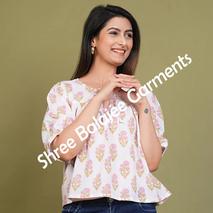 Écologique 100% coton haut verdâtre Floral main bloc imprimé Peplum Style chemisier court décontracté fête porter manches courtes lavable - Product Image 1