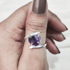 Bijoux en pierre brute bague pour femme pierre précieuse améthyste brute naturelle février pierre de naissance croix broche bague noël 925 bague en argent Sterling - Product Image 2