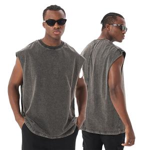 T-shirt oversize en coton épais pour hommes, T-shirt sans manches imprimé avec logo délavé à l'acide de style vintage, en tissu de jersey vierge, vente en gros - Product Image 1