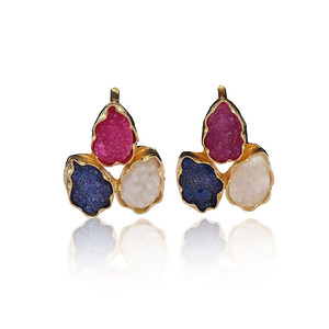 Naturel Bleu Blanc Druzy Gemstone Plaqué Or Classique Poire Forme Trois Couleurs Déclaration Boucles D'oreilles Anniversaire - Product Image 1