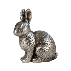 Vintage Metal Rabbit Miniature Figurines Hammered in Silver Colour Home Decor Sculptures for Tv Cabinet Nightstands Facing Right