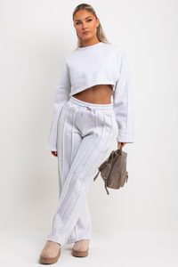 Premium Quality Grey Marl 2 Piece Women's Tracksuit Set Jogger And Crop Sweatshirt With Seam <b>Detail</b> Women's Two Piece Sweat Set - Product Image 3