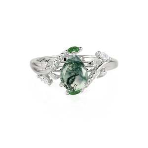 แหวน Jeulia Hug Me Bypass Leaf ชุบทองคำขาว 18K ประดับด้วยหินมอสอาเกตทรงลูกแพร์ - Product Image 1