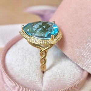 Fine Jewelry Woman's Engagement <b>Ring</b> Natural Blue Topaz <b>Indian</b> Gemstone 925 Sterling Silver Gold Plated Vintage Prong Setting - Product Image 3