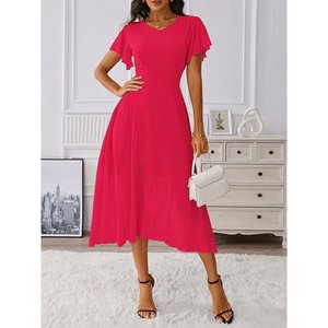 Robe mi-longue en mousseline de soie doublée à manches courtes et col en V pour femme, 36589 - Rose - Product Image 1