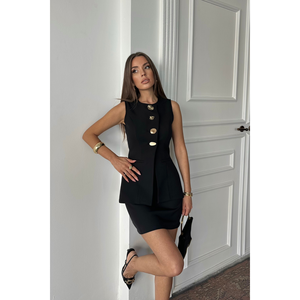 Conjunto de Chaleco Clásico con Botones Dorados y Falda Corta, Traje Negro para Mujer - Product Image 3
