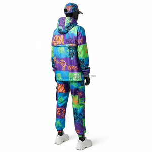 Ensemble coupe-vent pour femmes en polyester ripstop de qualité supérieure, avec blocs de couleur graffiti, logo personnalisé par transfert thermique, coupe-vent grande taille - Product Image 5