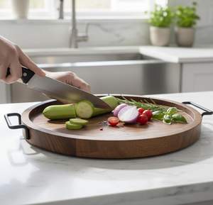 Bandeja de Servir de Madera de Acacia con Asas de Hierro, para Frutas y Bebidas, Bandeja de Servir Postres, Alto Estándar, Precio Más Bajo - Product Image 1