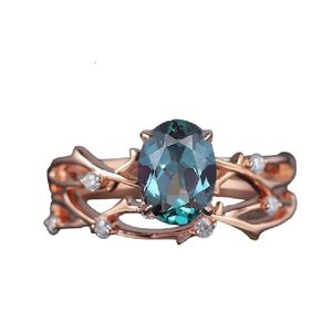 Anillo de promesa de rama de ramita de Plata de Ley 925, juego de anillos de compromiso de Alejandrita y moissanita de forma ovalada chapada en oro rosa de 14K - Product Image 1
