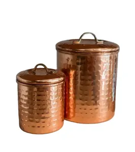 Factory Sales Copper Spice jars Set with Wooden Cap Top Hammered Design high Shinny Copperware Tea Sugar Container For Cupboard