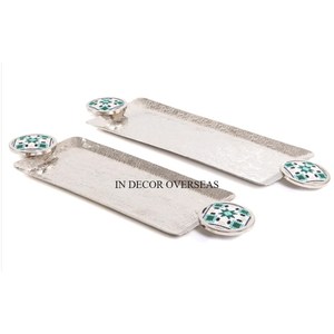 Bandeja de servicio de hotel y restaurante con forma de rectángulo hecha de metal de la mejor calidad pulida brillante plateada con textura elegante con mango único - Product Image 1