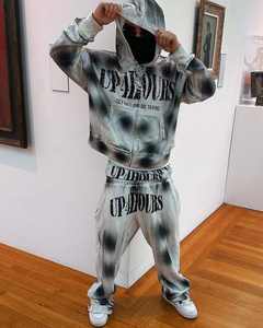 Fabricants de vêtements personnalisés lavage à l'acide strass déchiré sérigraphie à capuche Double taille empilé Baggy pantalons de survêtement ensemble éponge - Product Image 1