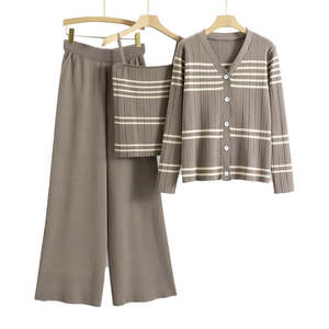 2025Spring Autumn Striped Sweater Knit Set Casual Knitted Cardigan and <b>Camisole</b> and Pants Set Knitted Three Piece Set for Women - Product Image 3