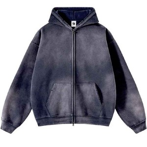 Sweat-shirts à capuche à fermeture éclair en denim délavé de qualité supérieure OEM |   Impression personnalisée |   Vêtements de rue de style vintage - Product Image 1