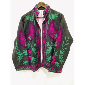 Sujani Khadi Cotton Varsity <b>Jacket</b>-XXL Double Breasted Fringed with <b>Sequins</b> and Pearls Short Length Autumn Style - Product Image 1