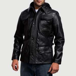 Blouson en cuir véritable Moulder à capuche noir, style motard décontracté avec fermeture éclair, tailles XS à 6XL, imperméable pour l'automne - Product Image 5