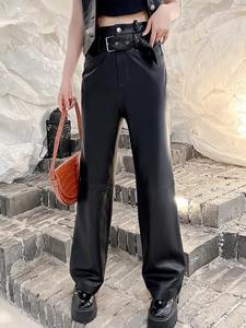 กางเกงเอวสูงขากว้างสำหรับผู้หญิงฤดูใบไม้ร่วงกางเกงหนังแกะแท้กางเกงขายาว4XL ลำลอง - Product Image 2