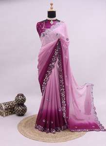 Boutique indienne Export Georgette Tissu Soie Broderie Sari Dernier exclusif Saree ethnique Mariages de mariée Superbe Look Tendance - Product Image 3