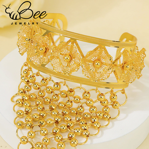 Luxury 24K Gold Hollow Flower Wrists Bracelet <b>Ring</b> <b>Arab</b> Bridal Beaded Big Hand Chain Finger Jewelry Set for Women - Product Image 3