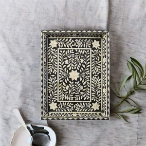 Bandeja para servir con incrustaciones de hueso con patrón floral rectangular hecho a mano por tradebit - Product Image 1