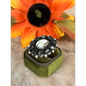 Navajo Handmade White Buffalo Sterling <b>Silver</b> <b>Adjustable</b> Cluster <b>Ring</b> - Product Image 4