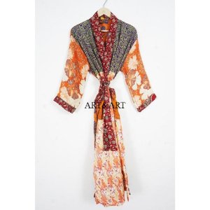 Indian Silk Elegant Soft Kimono Patchwork Boho Floral Design Long Beach Cover-Up Summer Cardigan Women's <b>Night</b> Wear Sleepwear - Product Image 1
