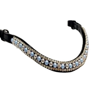 Banda de cuero genuino negro de alta calidad para cejas de caballo, diseño personalizado con 3 filas de perlas azules y cristales blancos, banda para cejas de caballo - Product Image 1