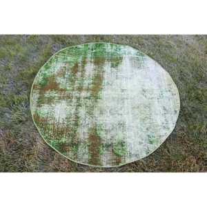 Tapis turc 4,1x4,1 pieds, tapis rond vintage, tapis en laine vert et blanc à imprimé animal - Product Image 1