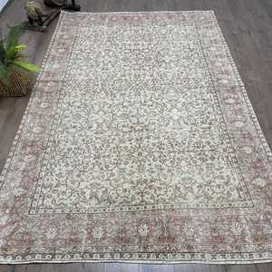6.3x9.7 ft Large Turkish Rug, Vintage Rug, White <b>Red</b> Check <b>Wool</b> Rug - Product Image 1