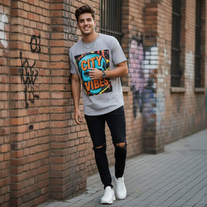 T-shirt décontracté pour homme, col rond, coupe classique, imprimé graphique, mélange de coton, style streetwear, impression sur le devant - Product Image 4