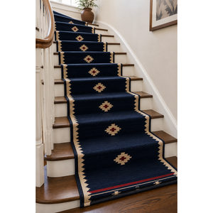 Tapis d'escalier en laine tissé à la main bleu marine, motif géométrique sud-ouest, lavable et antidérapant - Product Image 1
