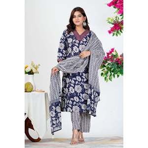 Elegante Conjunto de Kurta Estampado Floral Azul Marino para Mujer con Dupatta - Product Image 4